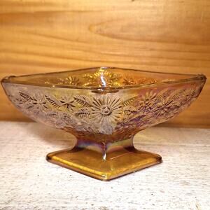 Indiana Glass Vintage Iridescent Amber Pedestal Candy Dish Diamond Shaped Bowl